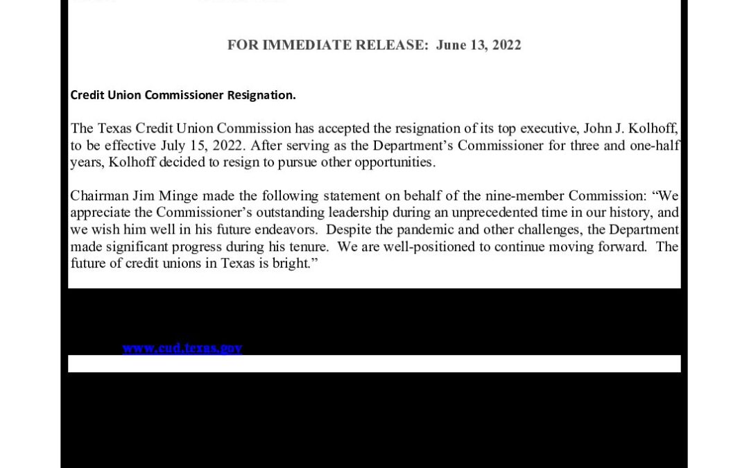 Commissioner John Kolhoff’s Resignation Press Release