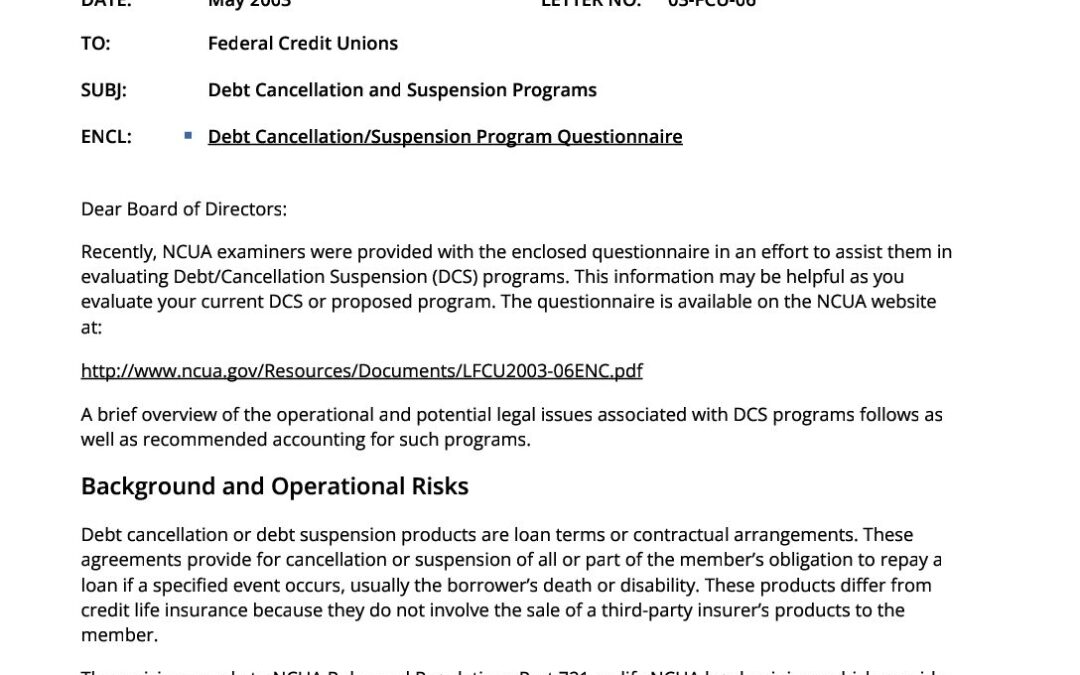 Debt Cancellation and Suspension Programs NCUA (PDF)