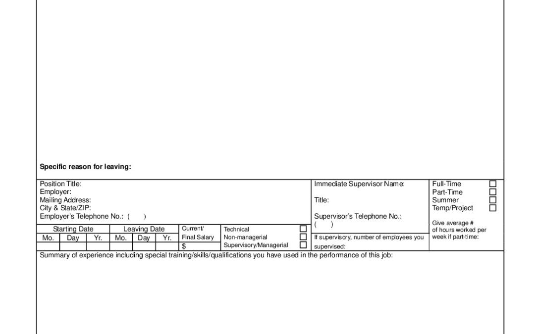 State Application Employment History Continuation Sheet